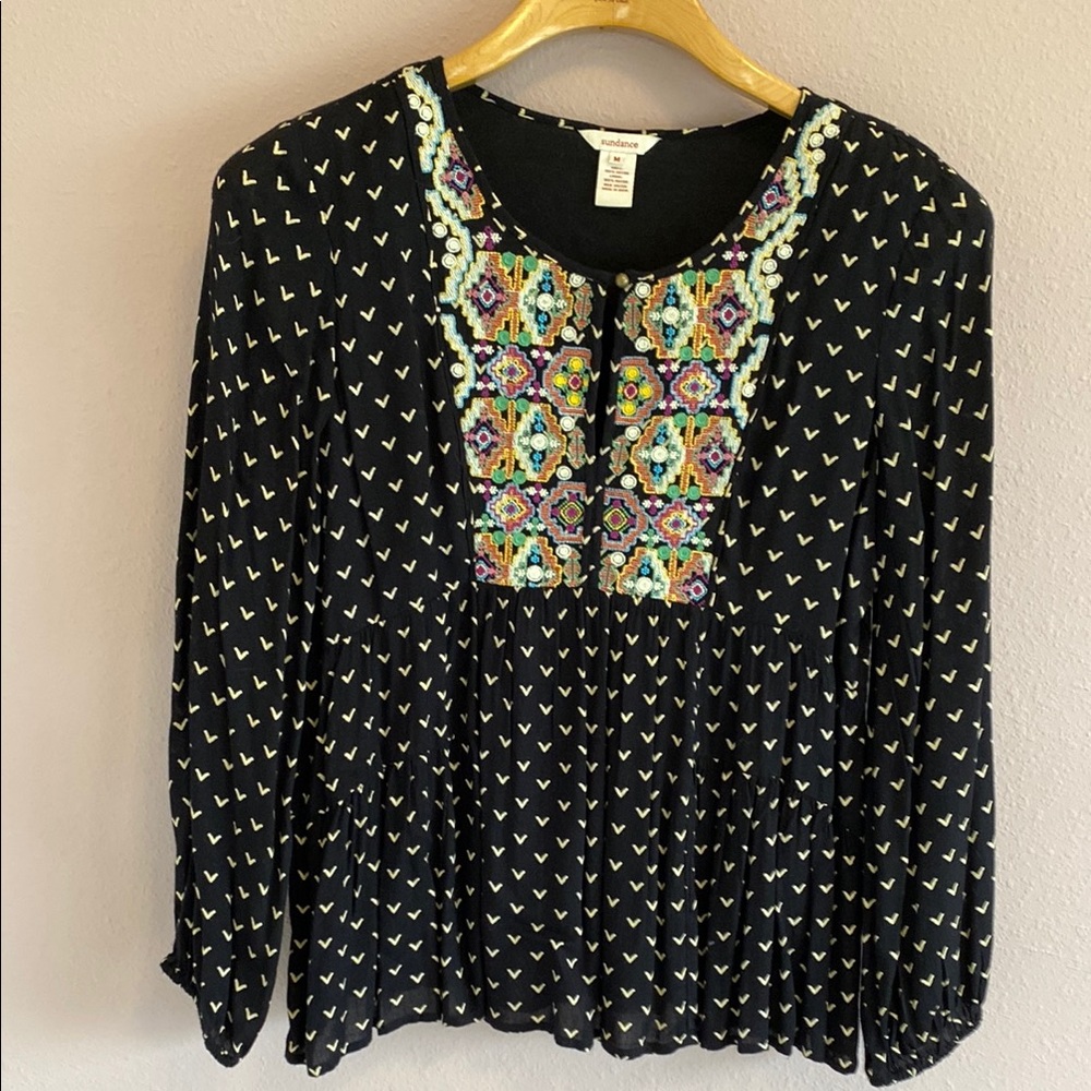 Sundance Women's Black tunic Top with Vibrant Embroidery